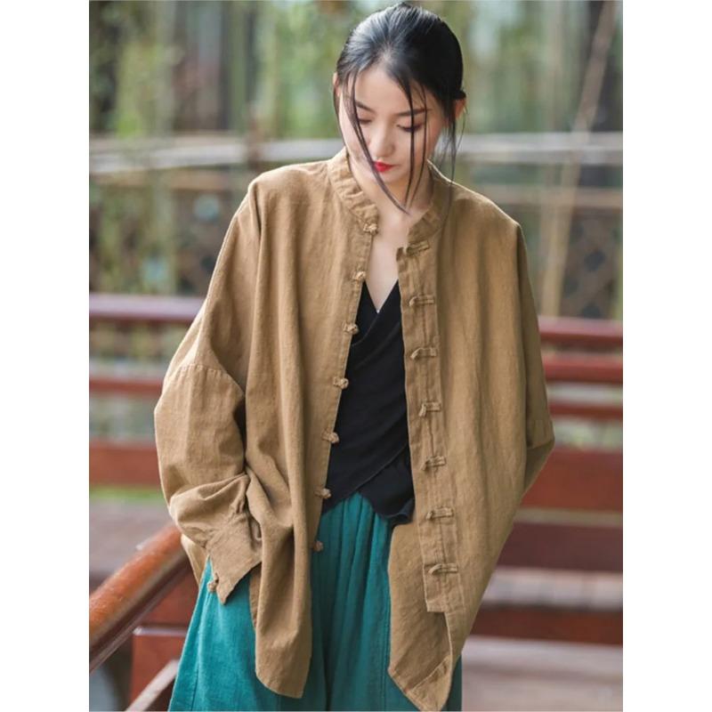 Johnature Women Chinese Style Linen Shirts and Tops Stand Long Sleeve Blouses Spring Solid Color Button Vintage Shirts