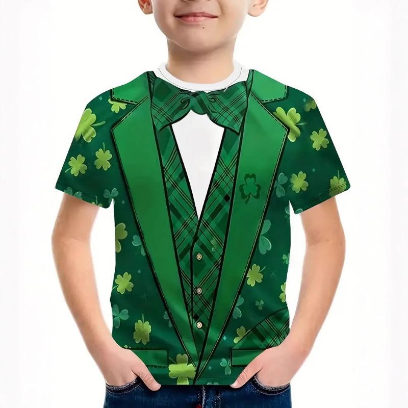 Summer Round Neck 3D False Two-piece Printed Top Role Playing Costume Fashionable Casual Short Sleeved Children's Boy T-shirts