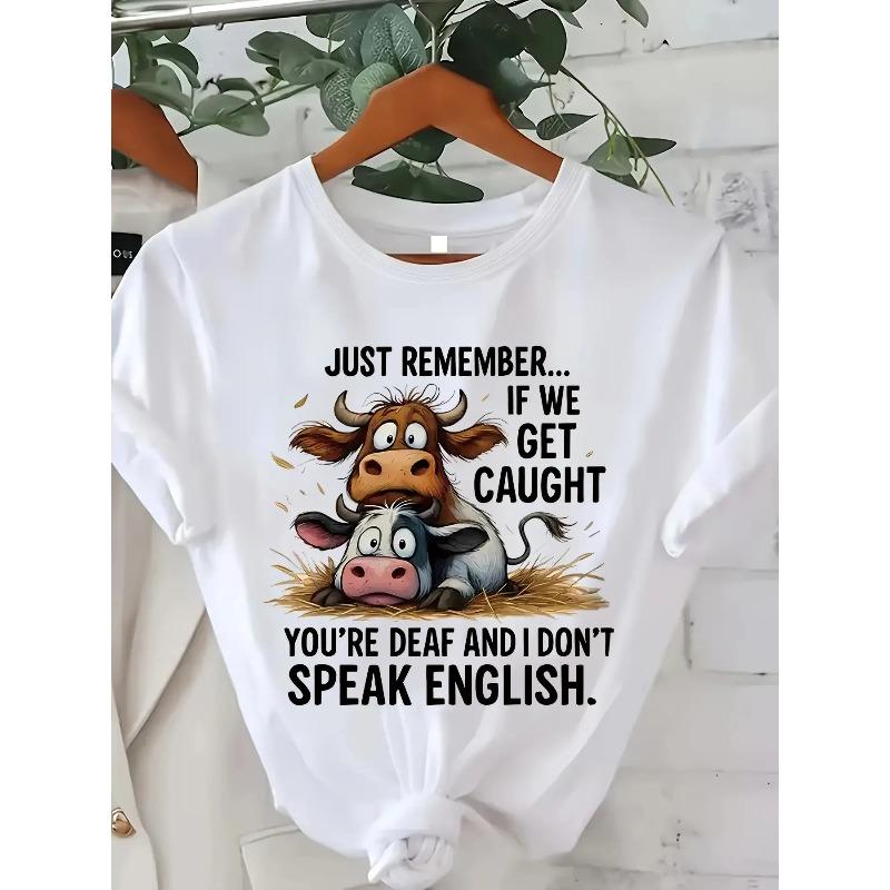 

Женская футболка С коротким рукавом, с принтом Если нас поймают, ты глухой, а я не говорю по-английски , с изображением коровы и свиньи, удобная, повседневная, с круглым вырезом S белый