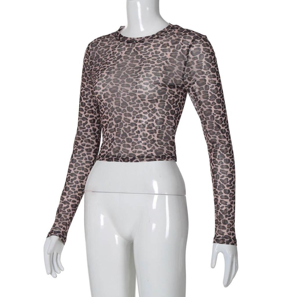Sexy Long Sleeves Tops Mesh T Shirt Leopard Printed Bodycon Women Clothes Lady Party Club Streetwear Casual Nightout Y2K
