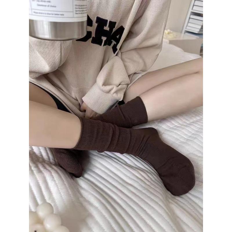 Brown Socks for Women in Autumn and Winter, Sea Salt Cream Rolls, Multi-color Mid-calf Pile Socks, Versatile Khaki Socks for Women