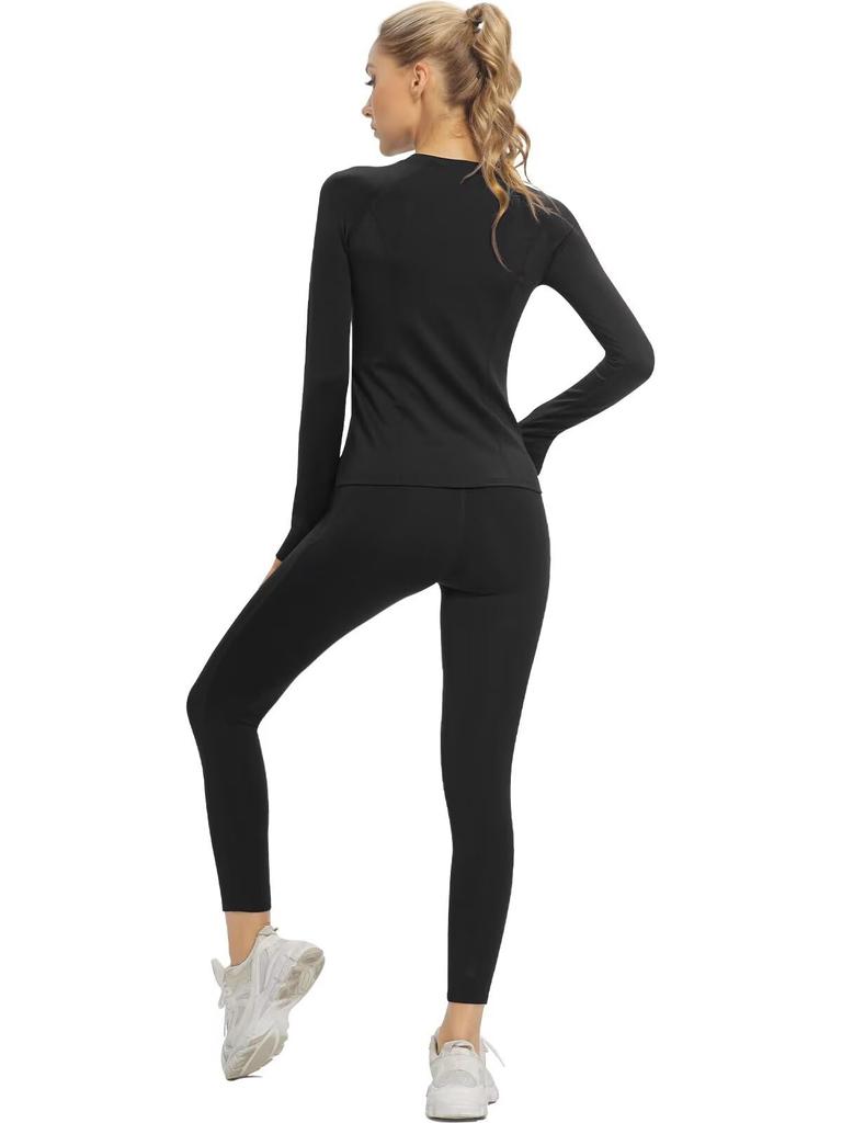 Sillictor Sports Underwear Long Sleeve Undershirt and Long Compression and Women's Set, Fleece-Lined Tights, Wear, Breathable, Quick-Drying, Warm,