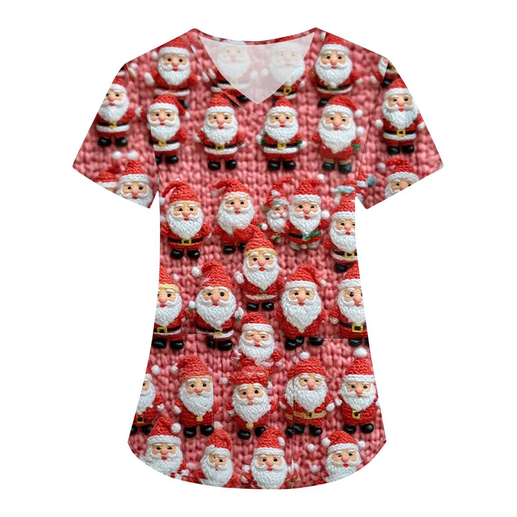 Women's Christmas Print Loose V-Neck Pocket Short-Sleeved Uniform