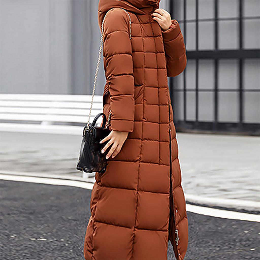 Women Fashion Long Sleeve Solid Color Hooded Long Down Cotton Jacket Coat