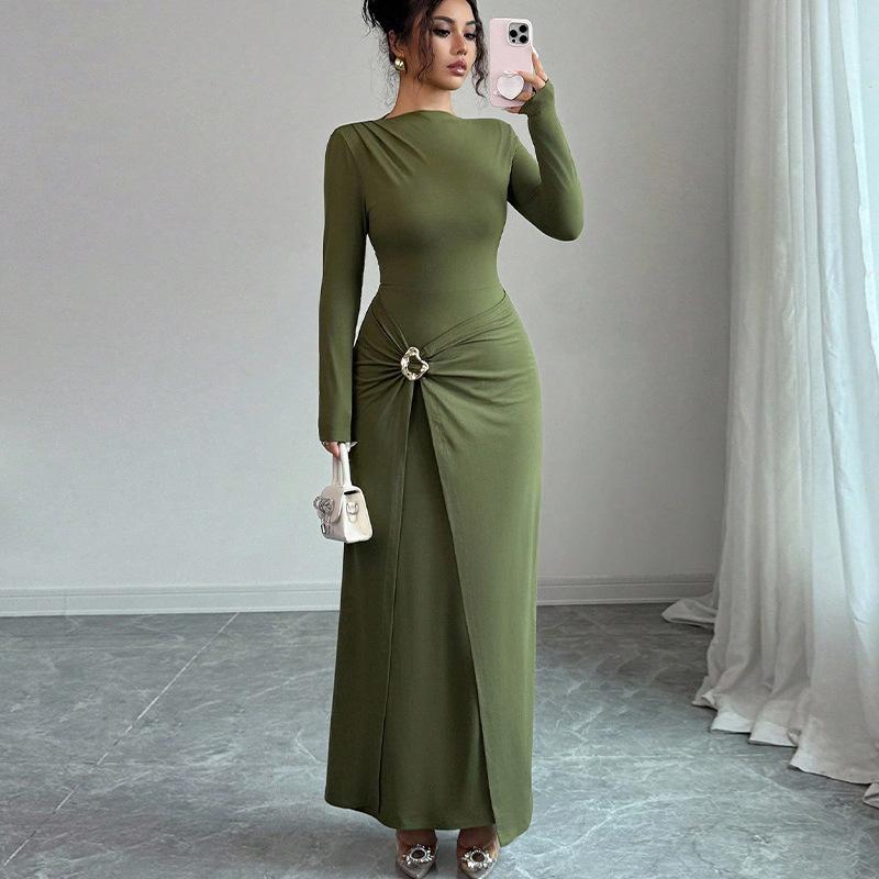 Women Spring Fall Crew Neck Long Sleeve Solid Color Full Length Bodycon Evening Party Dress