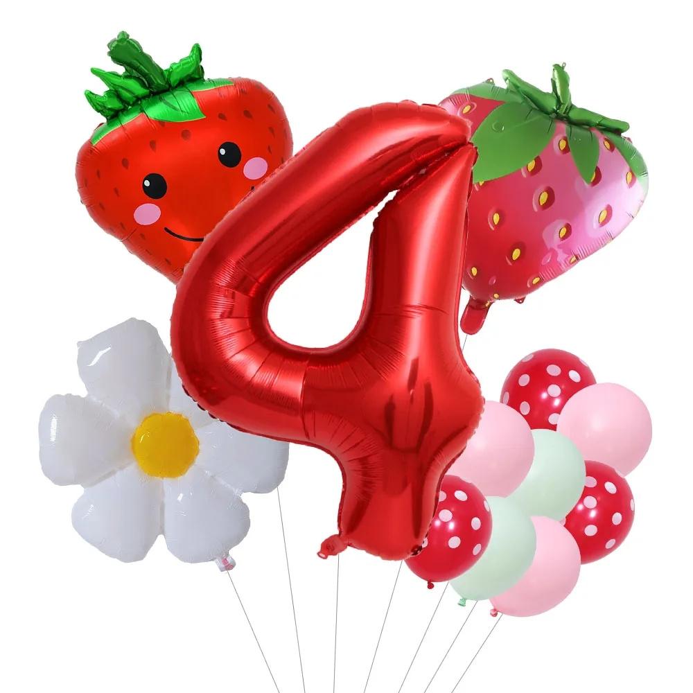 12pcs/set Strawberry Daisy Flower Balloons 32inch Red Number Balloon for Berry First Birthday Girls Sweet Fruit Party Decoration