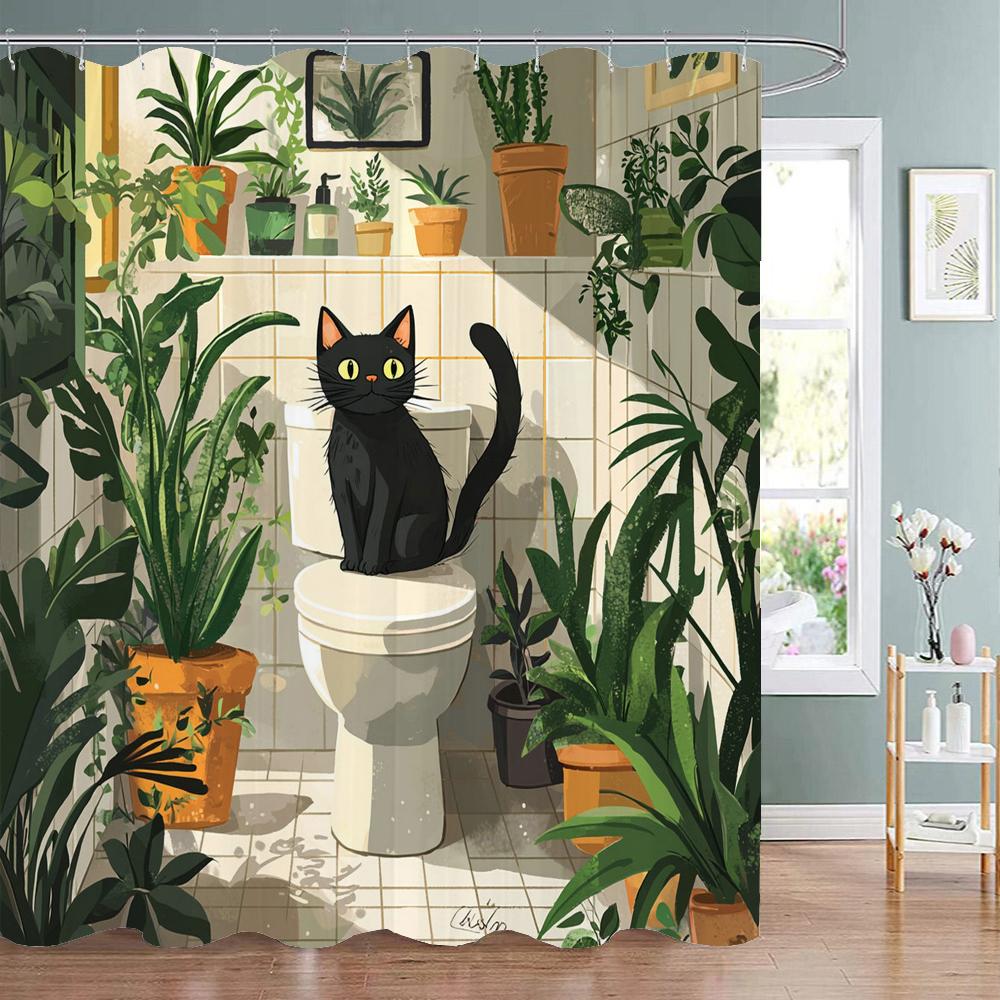 Nordic Minimalist Plant And Cat Shower Curtain, Cartoon Bathroom Decorative Shower Curtain, Waterproof Shower Curtain With Hooks