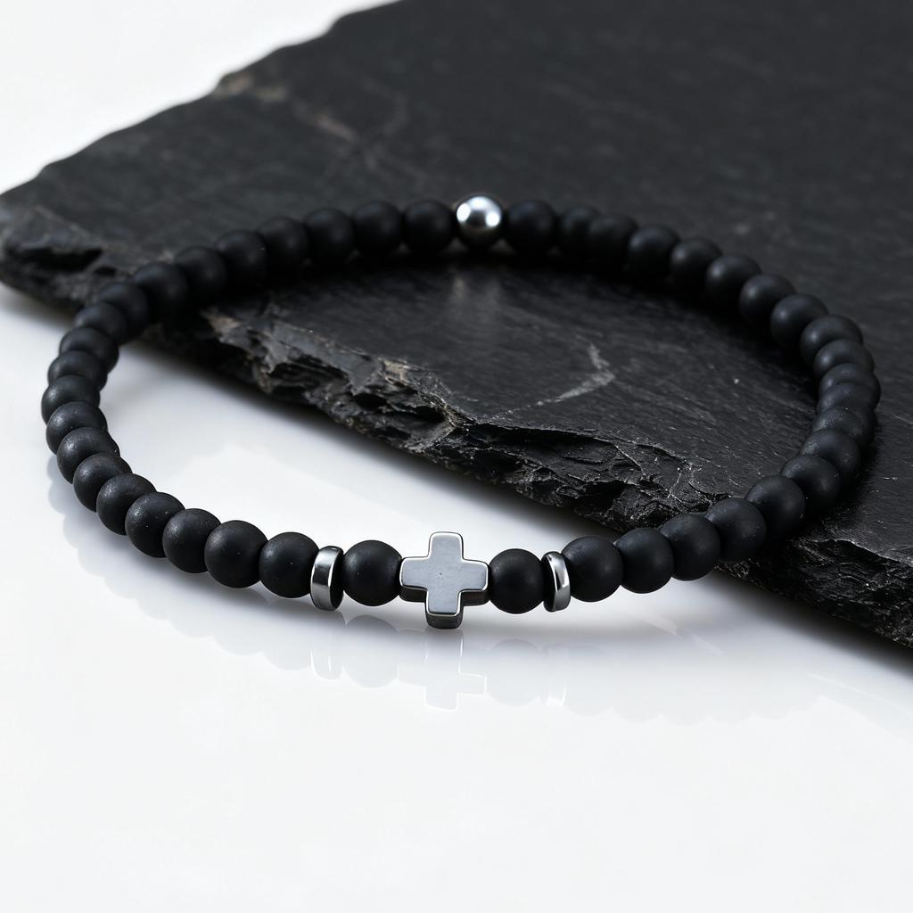Gallstone Cross Beaded Bracelet for Men Boys,4mm Red Pine Stone Black Onyx Elastic Wristband,Simple Stackable Jewelry