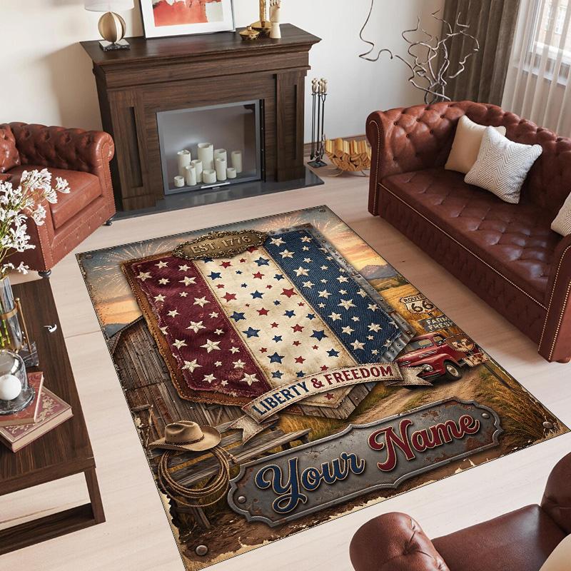 American Patriotic Theme Crystal Velvet Rug Personalized Custom Name Text Soft Floor Mat Home Decor