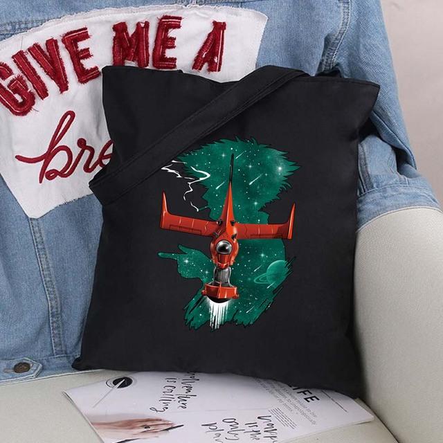 Women Shopping Bags Cute Cartoons Pattern Series Eco Shopper Shoulder Bag Fashion Black Printing Folding Handbag Canvas Tote Bag