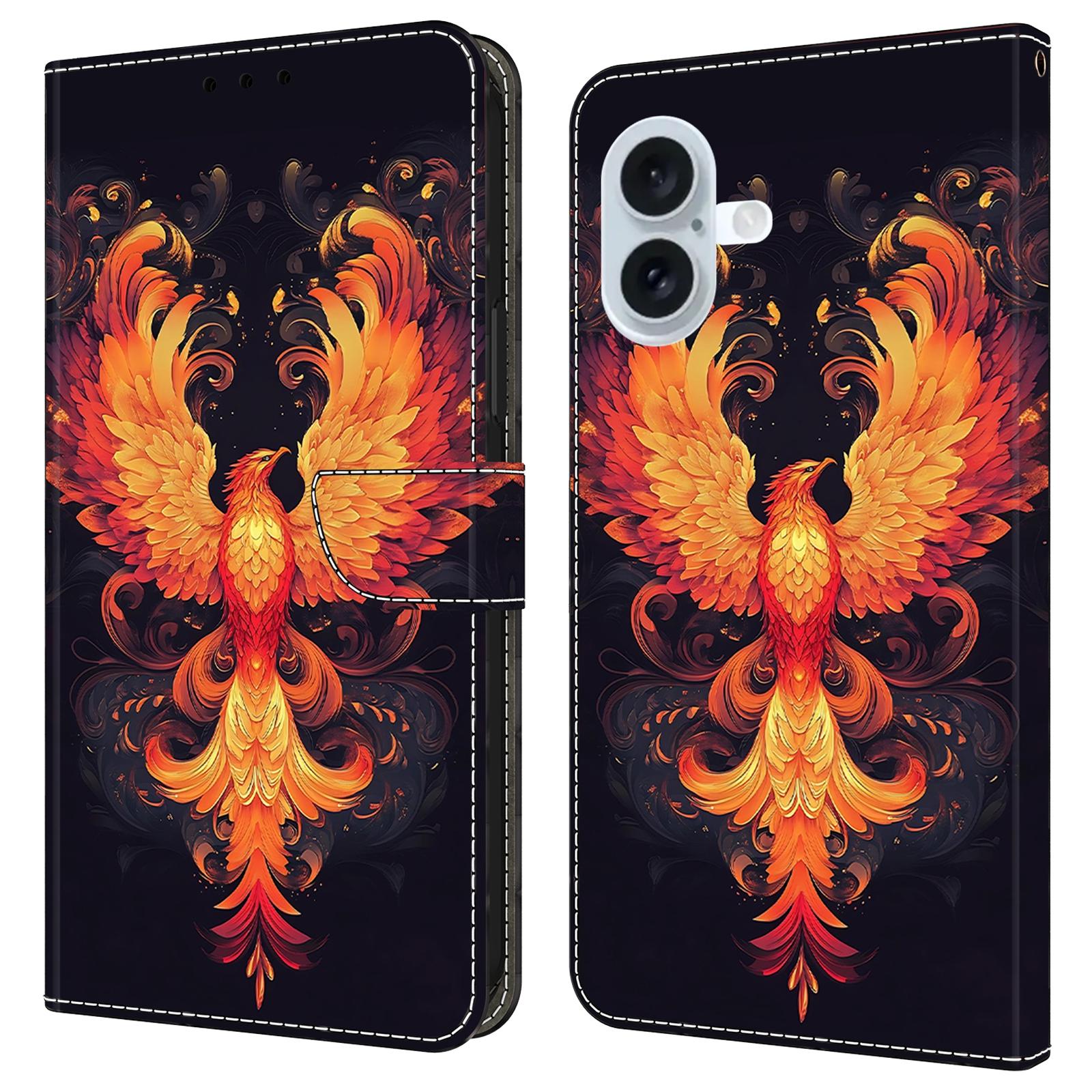 

For iPhone 16 Plus Case Wallet Stand Pattern Printing PU Leather Flip Phone Cover Flame Bird
