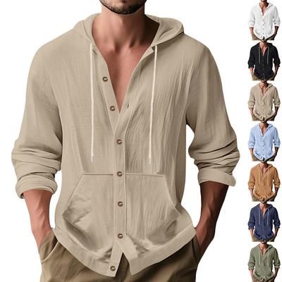 Men's Linen Hooded Long Sleeve Shirt Loose Casual Beach Minimalist.