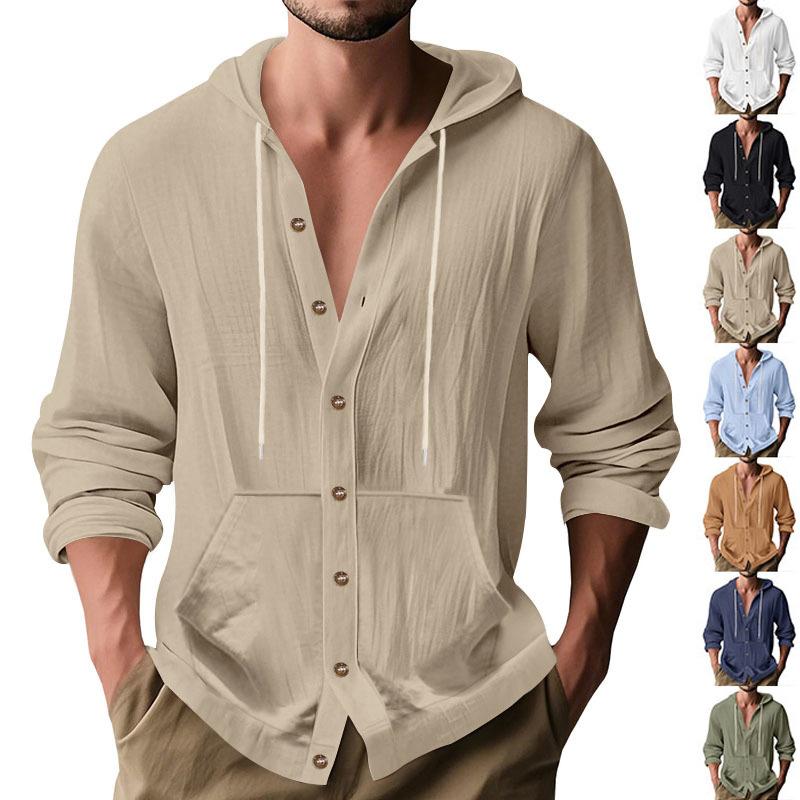 Men's Linen Hooded Long Sleeve Shirt Casual Loose Fit Beach Vacation Minimalist Top