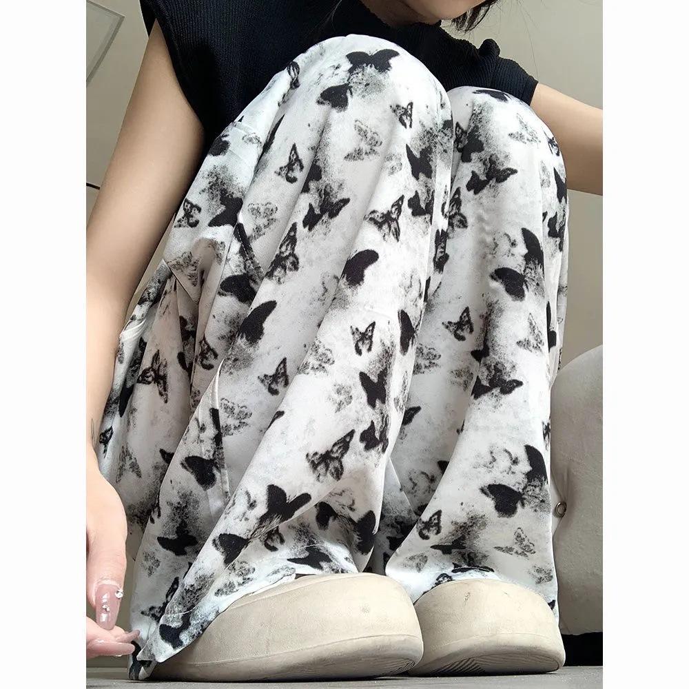 New Chinese Wide-leg Pants for Women In Summer Thin High-waist Butterfly Casual Straight Tie-dyeing Chinese Style Ice Silk Sunscreen Pants