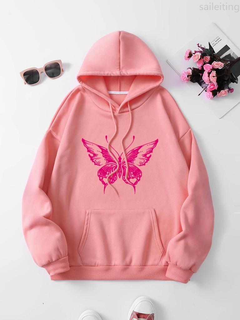Butterfly and Letter Print Drawstring Hoodie Casual Long Sleeve Kangaroo Pocket Hoodie Women's Clothing Pullover Fashion Y2K
