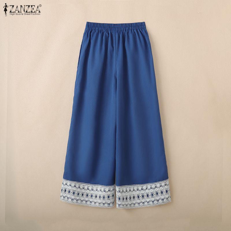 ZANZEA Women Casual Elastic Waist Loose Patchwork Loose Pants