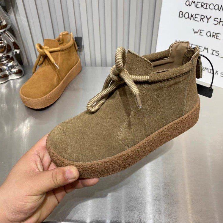 Doll head pure leather flip fur flat-soled short boots women's retro soft-soled lace-up Martin boots comfortable and non-slip low-top single shoes