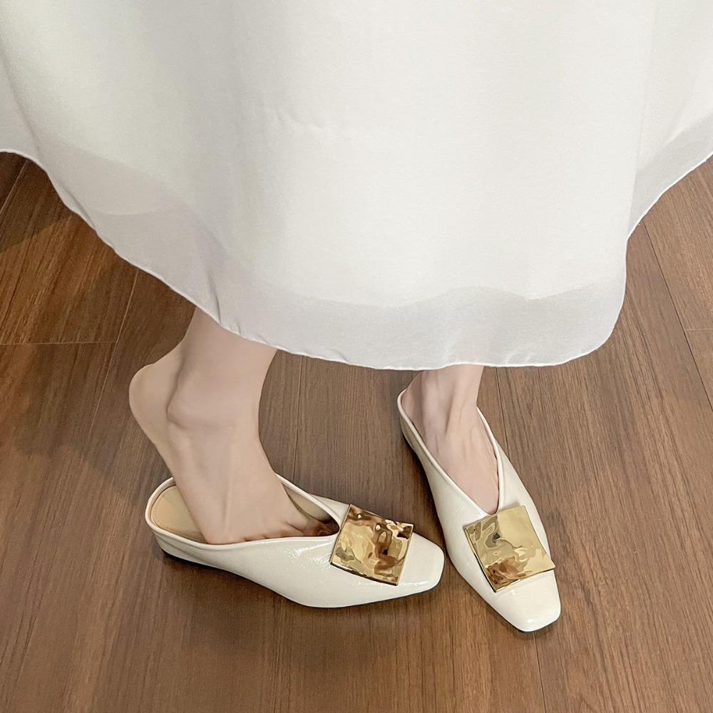 Fashion Slippers Women's Sandals Metal Square Buckle Premium Square Head Half Slippers Women's Retro Flat Bottom Bag Head Cool Slippers