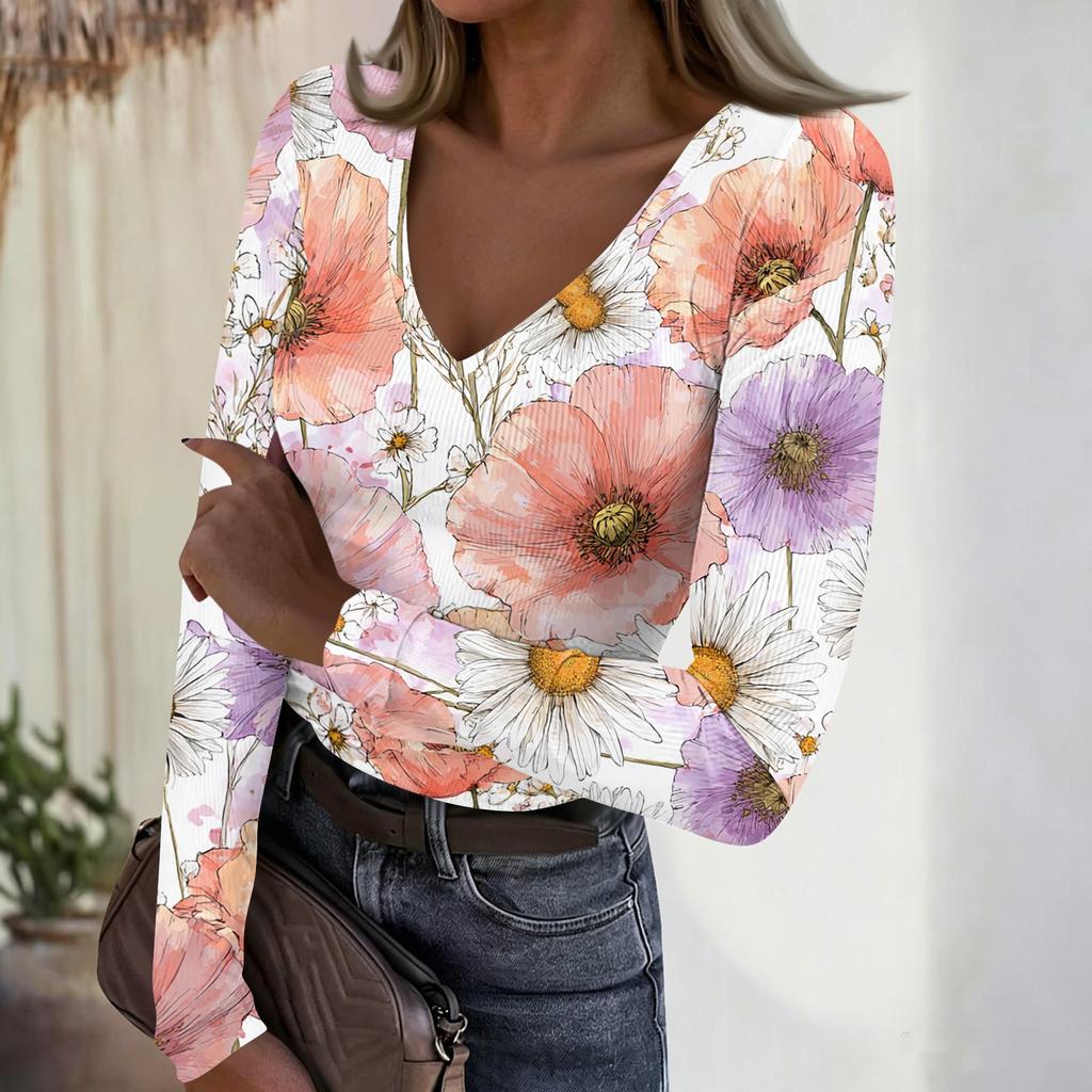 Women's Casual V-Neck Floral Print Long Sleeve Ribbed Top for Everyday Wear