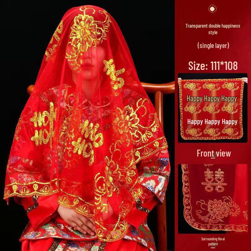 Red Xiuhe Summer Bridal Dress with Semi-Transparent Veil and Head Covering