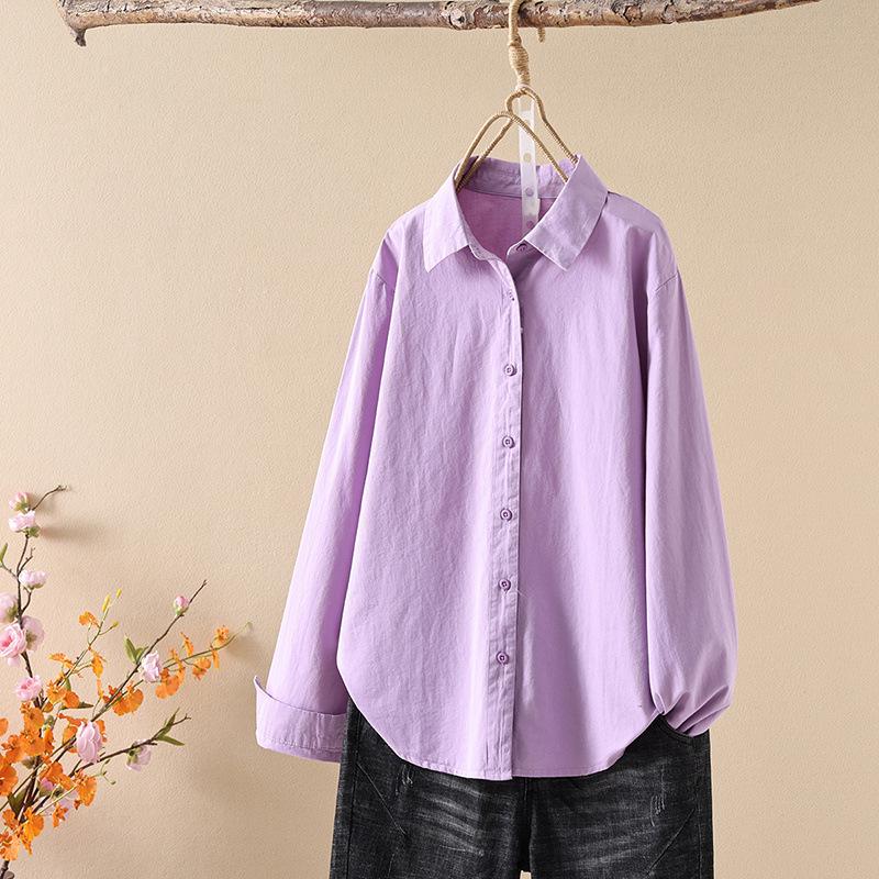 

Spring 2026 Women s Japanese Style Washed Cotton Long Sleeve Shirt - Solid Candy Colors Small