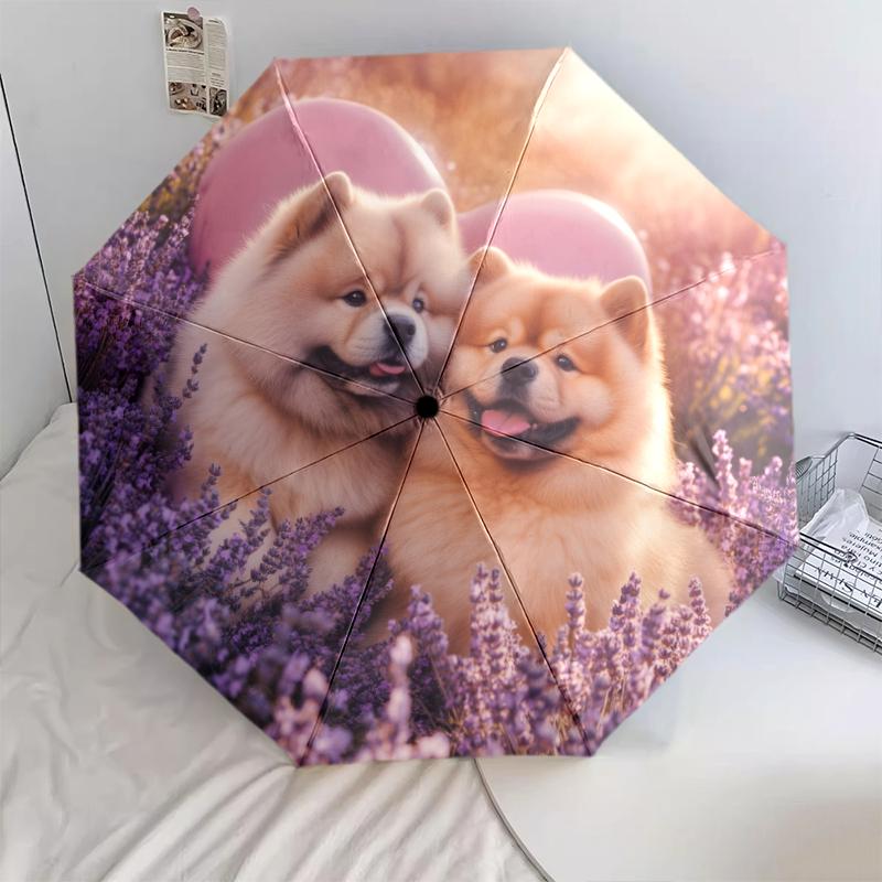 Chow Chow and Grass Pattern, Automatic Folding Umbrella, Portable and Foldable Design, 8 Ribs, a Christmas or Birthday Gift.