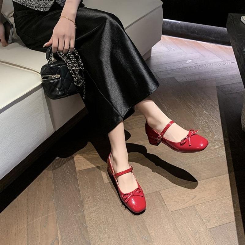 Summer New Large Size Thick Heel Bow Light Mouth One-word Buckle Strap Single Shoes Women's Mary Jane Small Leather Shoes