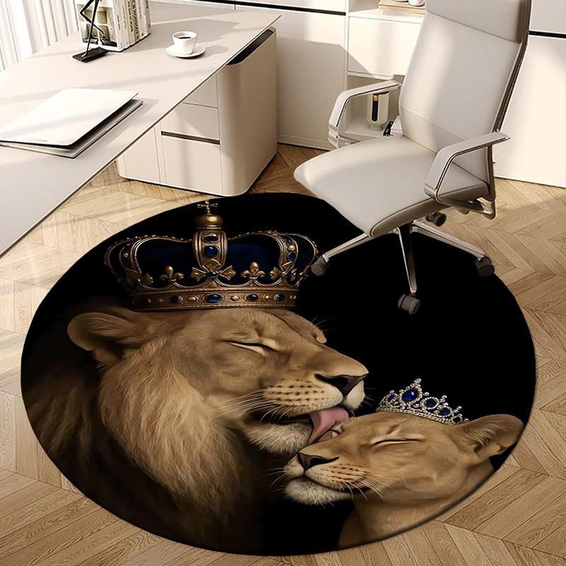 1pc Royal Lion Couple with Crowns Round carpet, Made of Polyester,Office Chairs, Living Rooms, Or Bedrooms, a Cool Rug for The Living Room.ydt26088