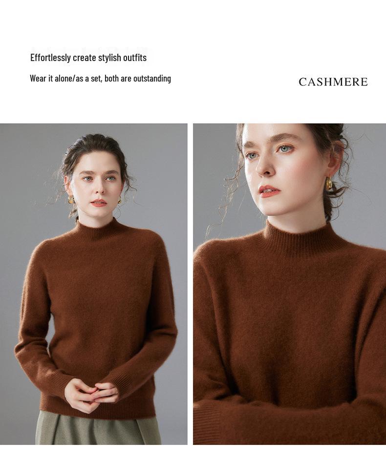 Women's High Neck Solid Color Cashmere Loose Pullover - Long Sleeve Casual Autumn/Winter Knit Sweater