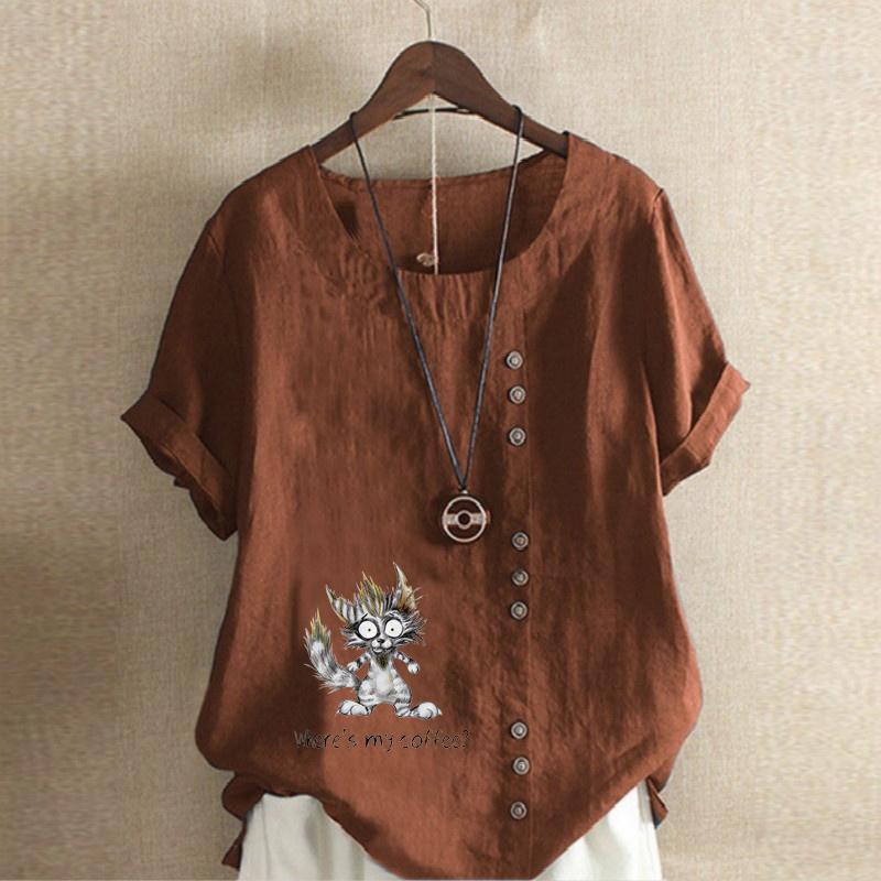 Women's Fashion Cartoon Cat Prined Short Sleeve T-shirt Loose Cotton Shirt Casual Loose Summer Blouse Tops Plus Size