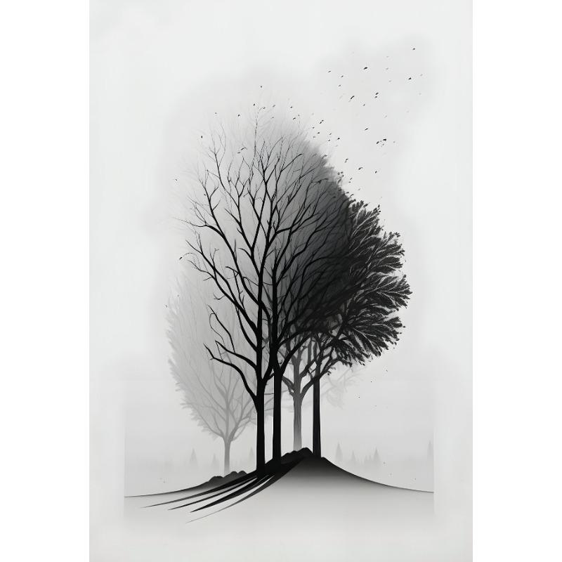 Minimalistisches Schwarz-Weiß Berg Baum Krähe Landschaft Poster Druck Leinwand Gemälde Abstrakt Wandkunst Wohnzimmer Heimdekor