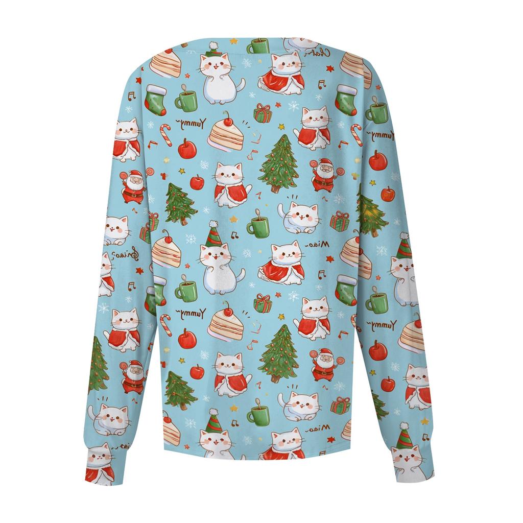 Women's Casual Long Sleeve Christmas Print Scrub Top with Button Front Work Uniform