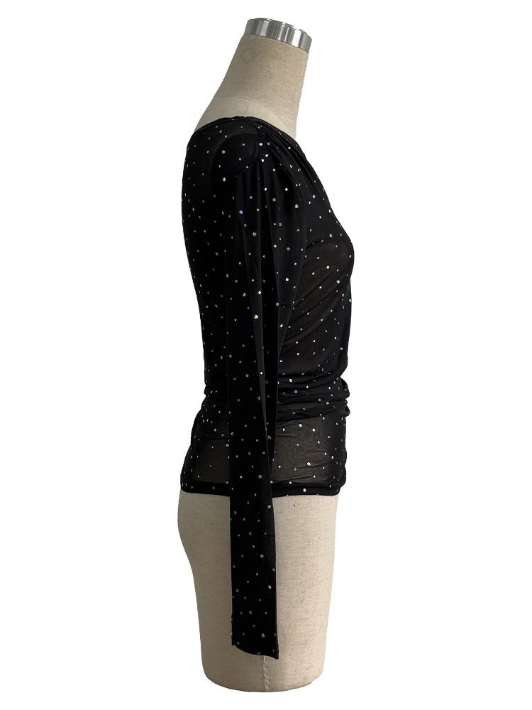 Women's Black Sequin Mesh Asymmetric Neck Long Sleeve T Shirt Top Women Fashion Daily Basic Office Lady Casual Slim Fit Ladies Elegant Top