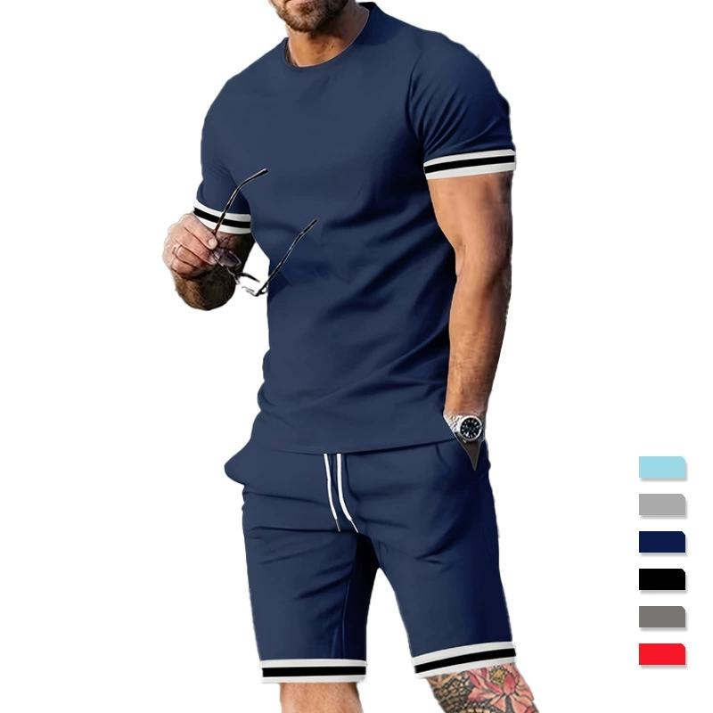 New Summer Men's Minimalist Striped Printed Comfortable and Breathable Round Neck T-shirt Shorts Set for Outdoor Casual Wear