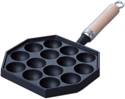 Iwachu Takoyaki 14 Holes Wooden Induction Hole Nanbu Model Black Maker, (with Handle), Compatible, Diameter Approx. 4cm, Iron, 90033,