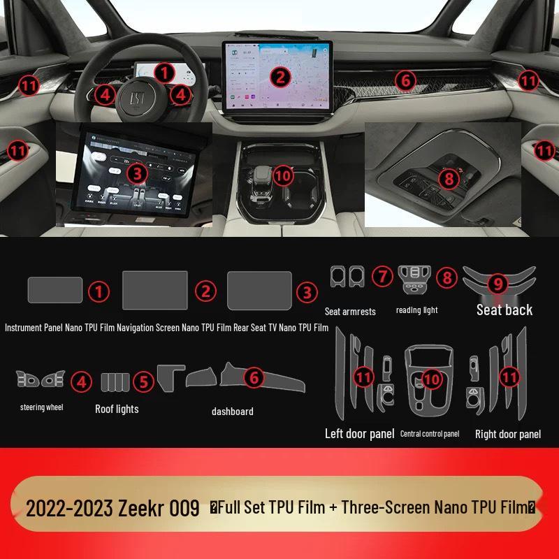 Zeekr 009 Interior & Dashboard Protective Films - 25 Model Compatibility, TPU HD Films for Navigation Screen & Gear Shift Headlight