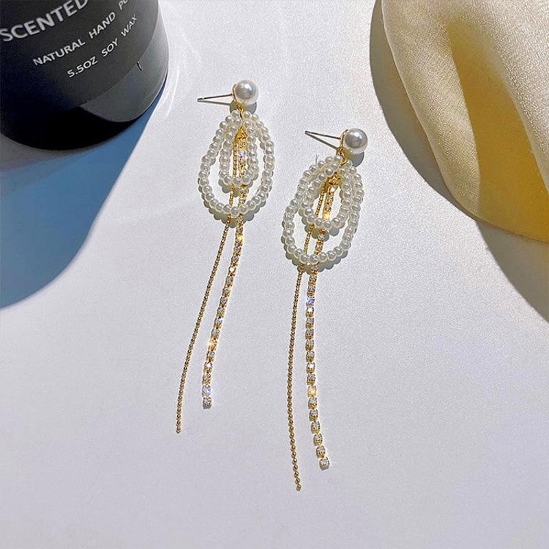 Super fairy temperament fringed pearl earrings women, retro Hong Kong style long fringed earrings Internet celebrity earrings