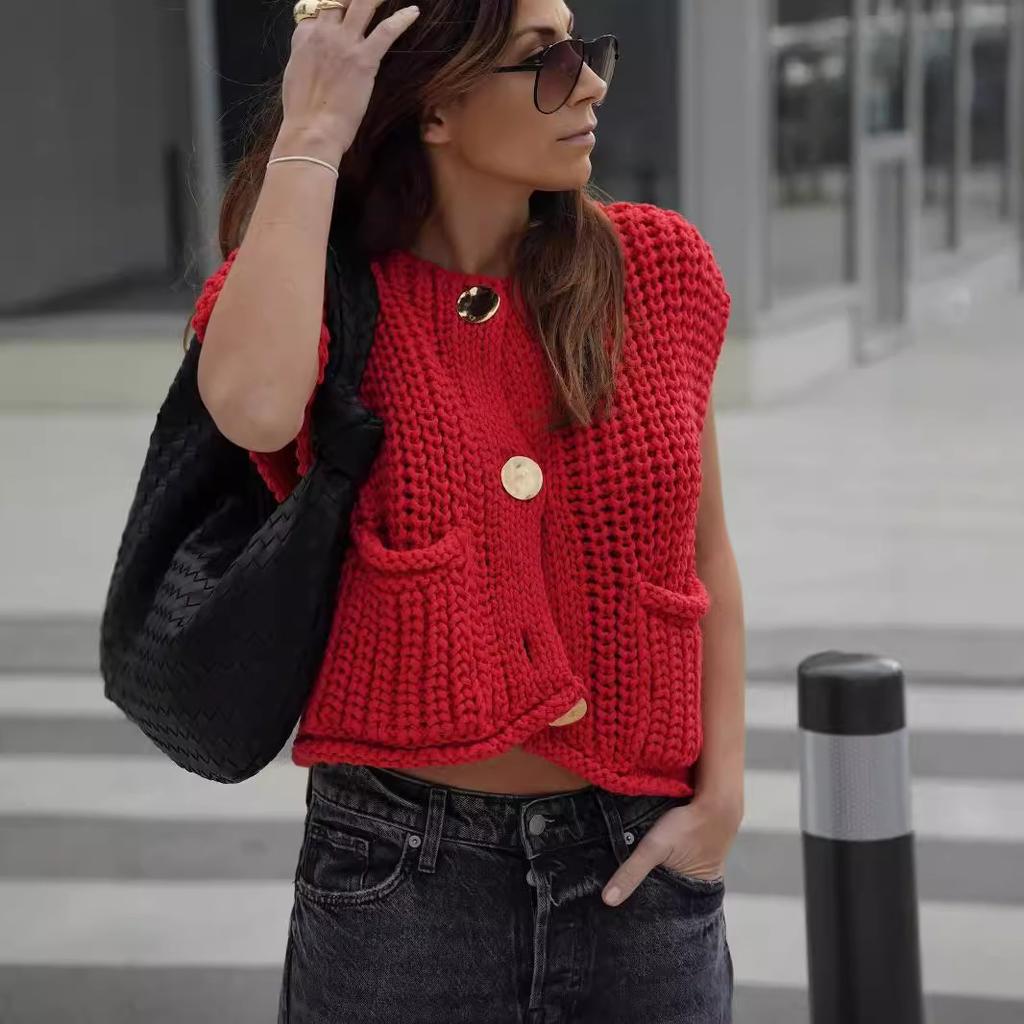 New Solid Color Large Pocket Sleeveless Knitted Short Cardigan Vest with Three Buttons, Vest for Women 3611 KTB