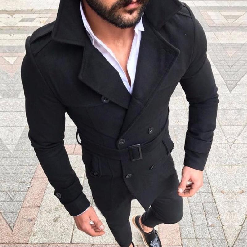 

Men s Woolen Coat Lapel Double-breasted Casual Trench Coat Woolen Jacket with Belt XL чорний