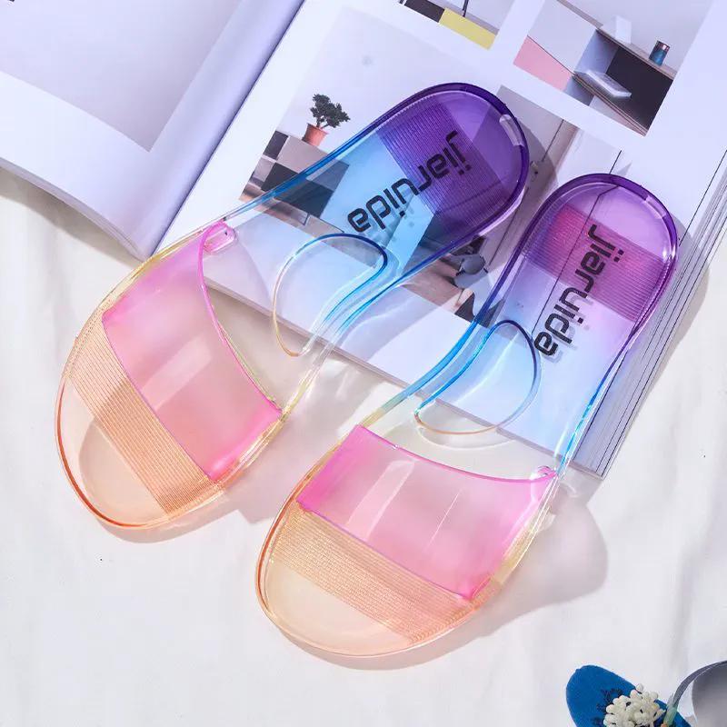 WTEMPO Trendy Jelly Outdoor Indoor Home Soft Slippers Women's Spring Summer Transparent Open Toe Flat Heel Beach Sandals