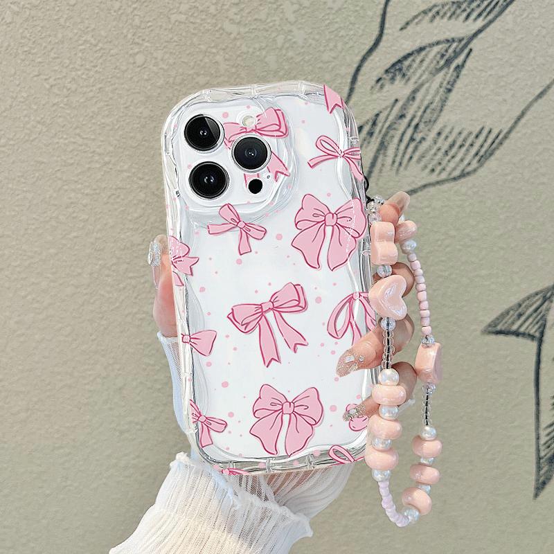 Pink Bowknot Chain Phone Case For Samsung Galaxy S25 FE S24 S23 S22 Ultra Plus FE A56 A55 A16 A06 A17 A53 5G Cover Clear  Soft