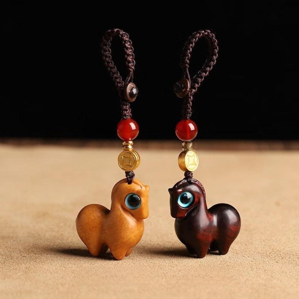 Cartoon Horse Key Chain Sandalwood Chinese Style Key Ring Retro Wood Phone Chain  Car Key Chain