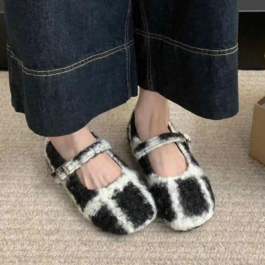 Fashion IPPEUM Mary Janes Shoes Women Winter Ballet Flats Buckle Plush Ballerinas Zapatos Mujer