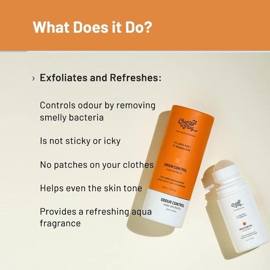 Chemist at Play UnderArm Roll-On with 5% AHA, Lactic Acid & 1% Mandelic Acid | Prevents Body Odour, Brightens Skin & Exfoliates Underarm - 40ml