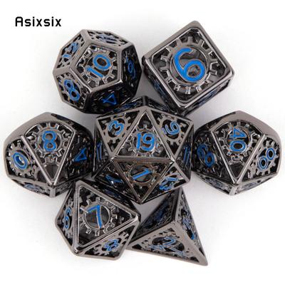 7 Pcs  Black Blue Gear Wheel Metal Dice Hollow Metal Polyhedral Dice Set Suitable for Role-Playing RPG  Board Game Card Game