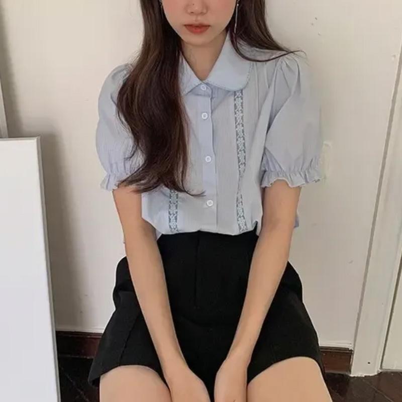 

Винтажная рубашка с кружевным воротником-стойкой, женская летняя новинка, милый топ с короткими рукавами XXL небесно-голубой