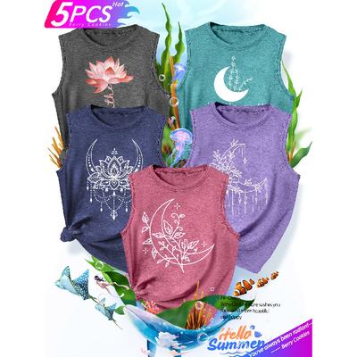 Five-piece Set of Matching Tops for Besties and Sisters, Featuring Moon, Lotus, and Mandala Prints, Stylish and Elegant, Vintage Style, New Summer