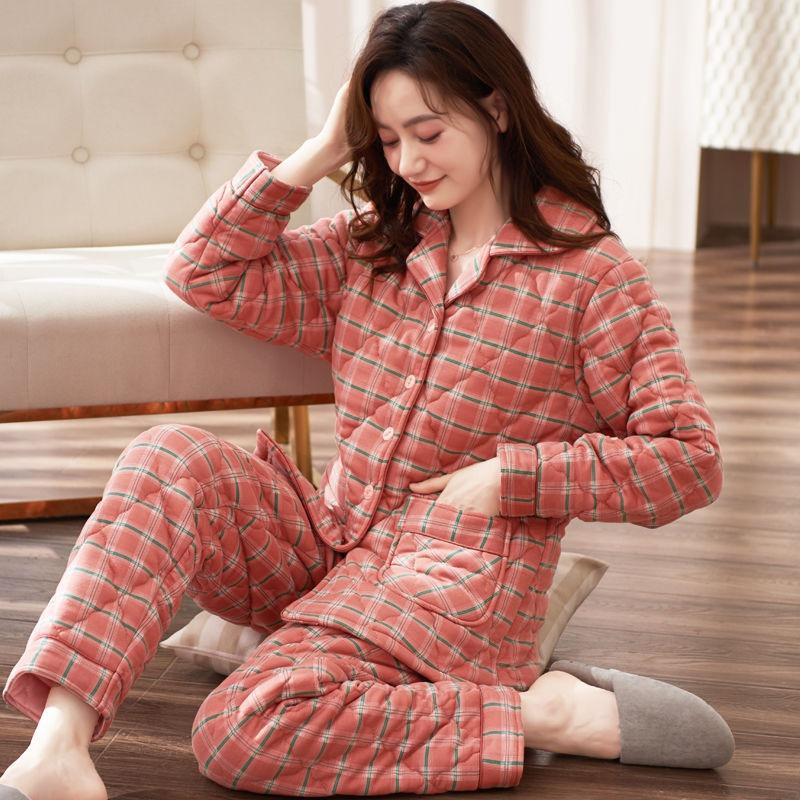 Pigiama Extra Spesso Donna Autunno Inverno 100% Cotone Loungewear Imbottito Tuta per la Casa di Mezza Età Scollo a V Fantasia Pigiami