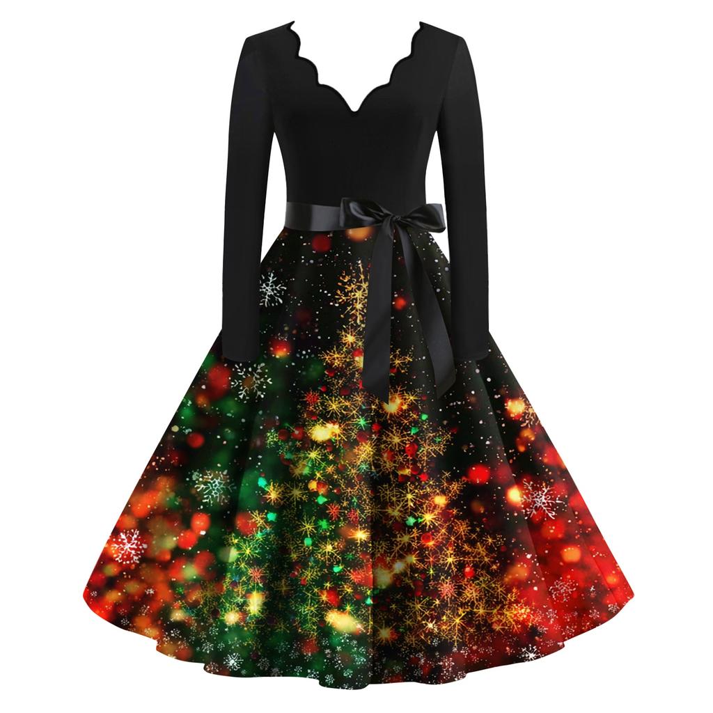 Damen Lässig Und Modisch V-Ausschnitt Langärmlig Weihnachten Bedrucktes Kleid