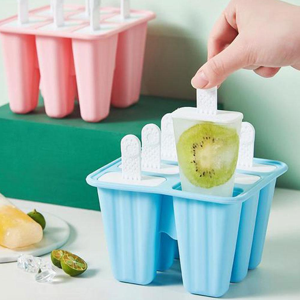 Silicone Ice Cream Mould Block 6 Cavity Frozen Molds Icy Pole Jelly Popsicle Mold with Reuseable Sticks Kitchen Accessories